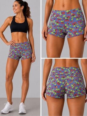 FLEO Cherry Print Booty Shorts Medium Blue Red Athletic CrossFit